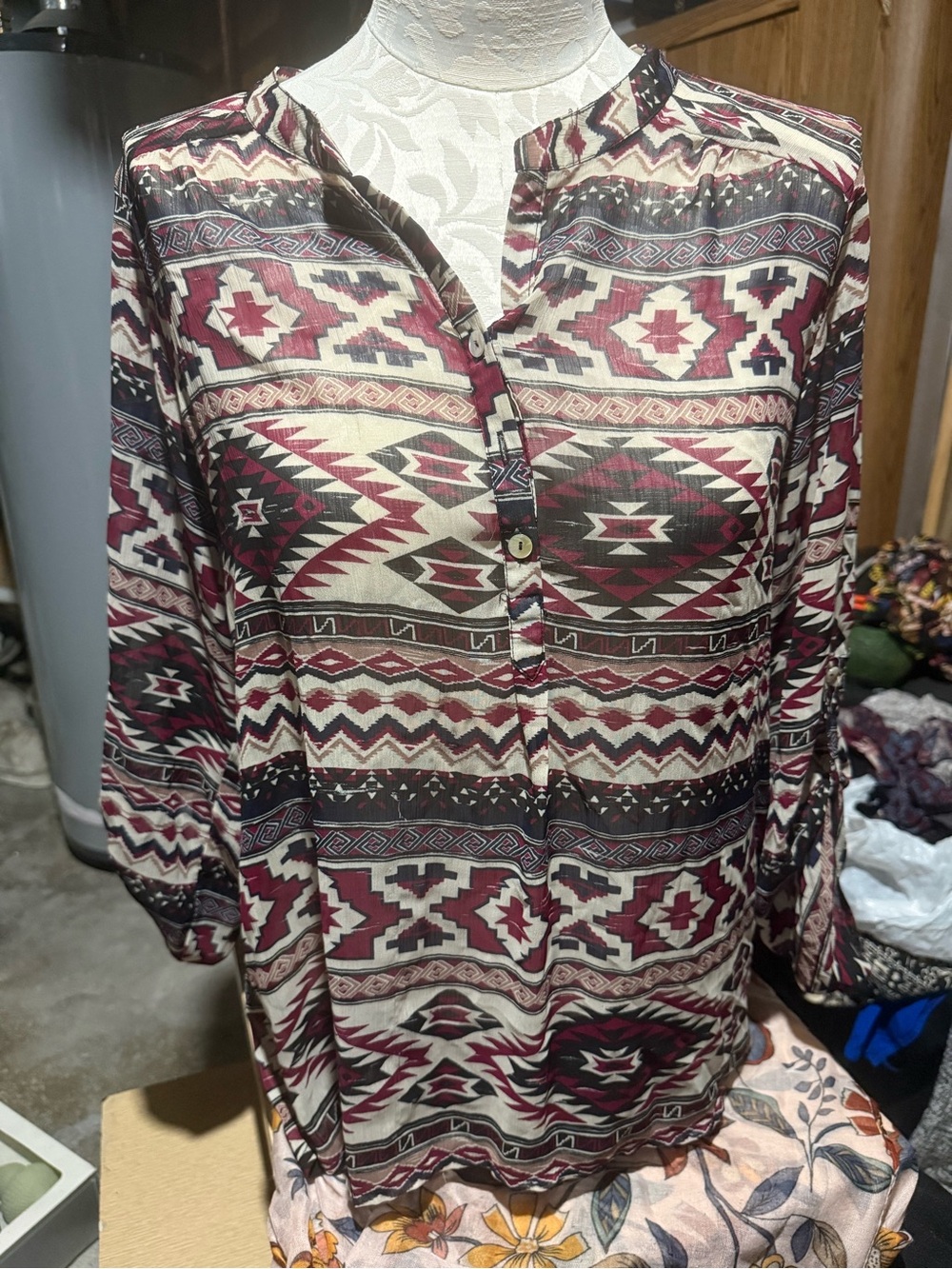 Aztec Print Button-Front Women's Blouse - Burgundy & Cream